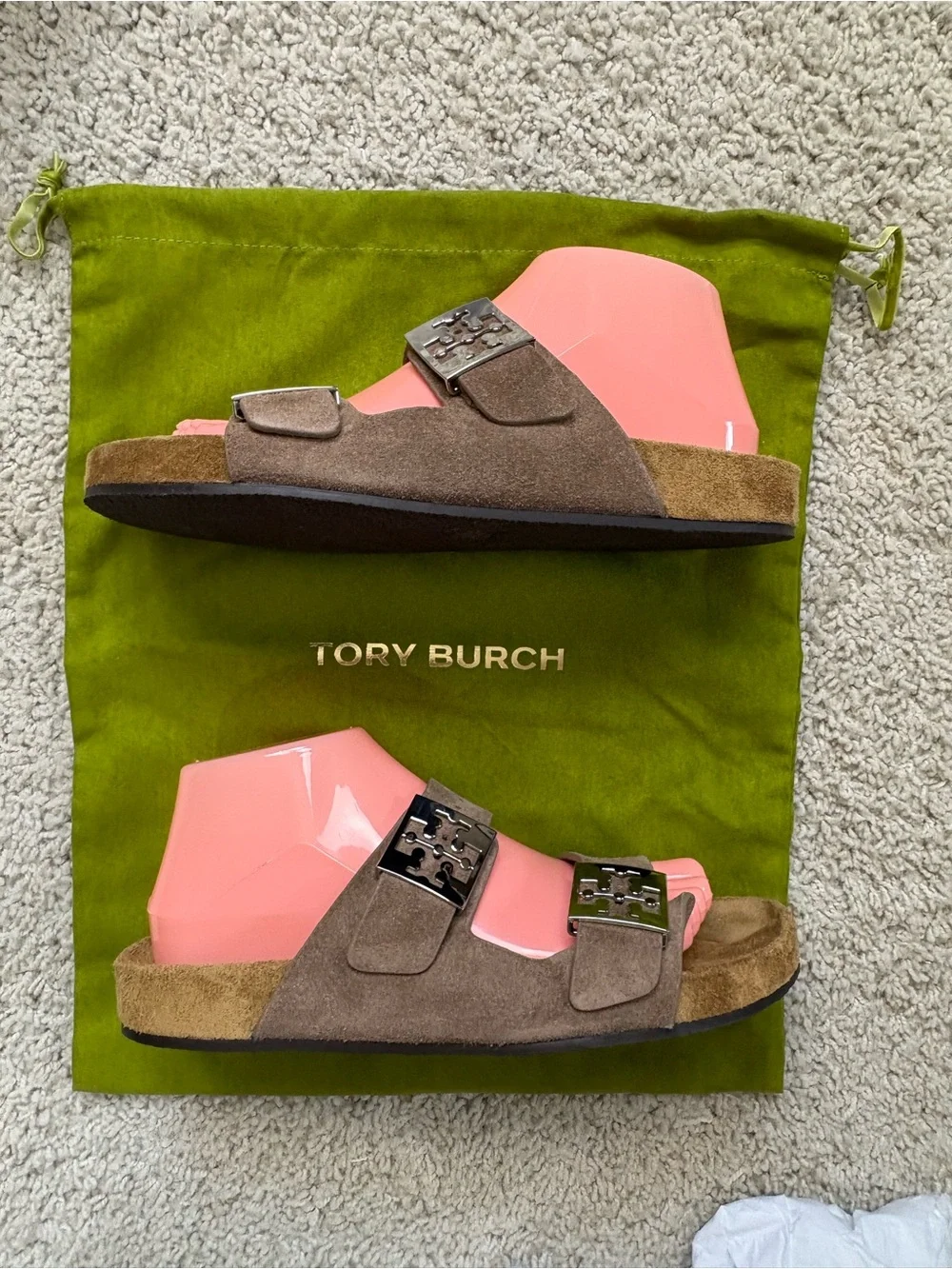 NIB! Women's TORY BURCH Taupe MELLOW SLIDE 2 Strap DESIGNER Foot-Bed SANDALS 8
